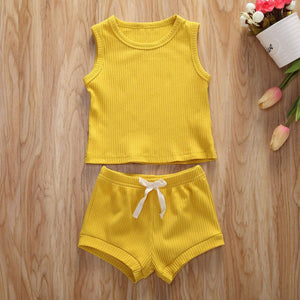 Newborn Baby Boys Girls Summer Outfits Infant Ribbed Knitted Cotton Short Sleeve T-Shirt + Shorts Two Piece Clothes Set