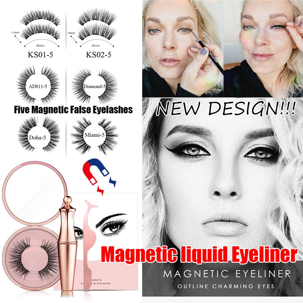 1SET Magnetic liquid Eyeliner with Five False Eyelashes Handmade Lashes Waterproof Eye Liner Women Eye Makeup Stylish Tools