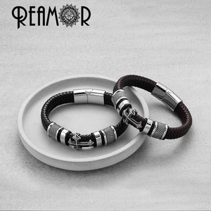 REAMOR 12mm Width Braided Leather Men Bracelets 316L Stainless Steel Cross Charms Cuff Bracelets Bangles Trendy Male Jewelry