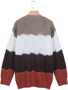 CANIKAT Women's Crewneck Color Block Striped Sweater Long Sleeve Loose Knit Pullover Jumper Tops