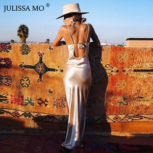 JULISSA MO Sexy Spaghetti Strap Backless Summer Dress Women Satin Lace Up Trumpet Long Dress Elegant Bodycon Party Dresses 2019|Dresses