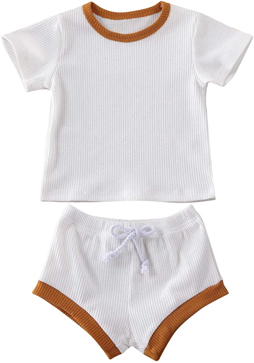 Newborn Baby Boys Girls Summer Outfits Infant Ribbed Knitted Cotton Short Sleeve T-Shirt + Shorts Two Piece Clothes Set