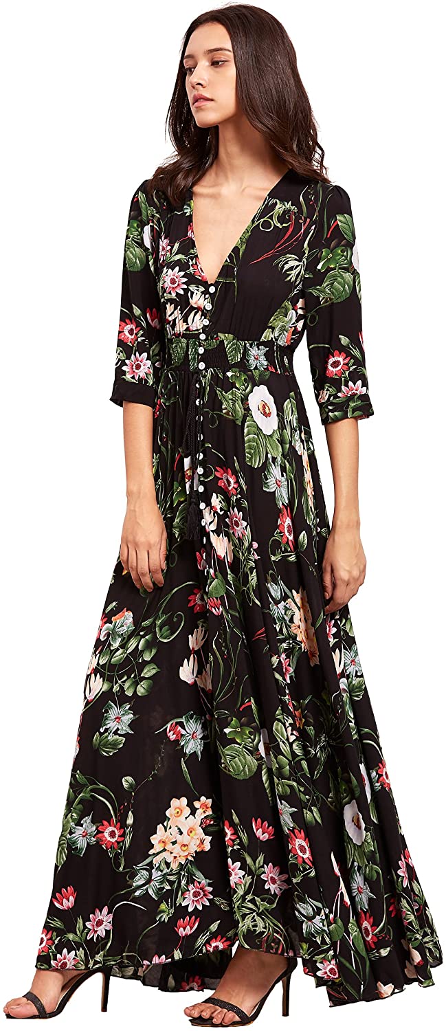 Milumia Women's Button Up Split Floral Print Flowy Party Maxi Dress