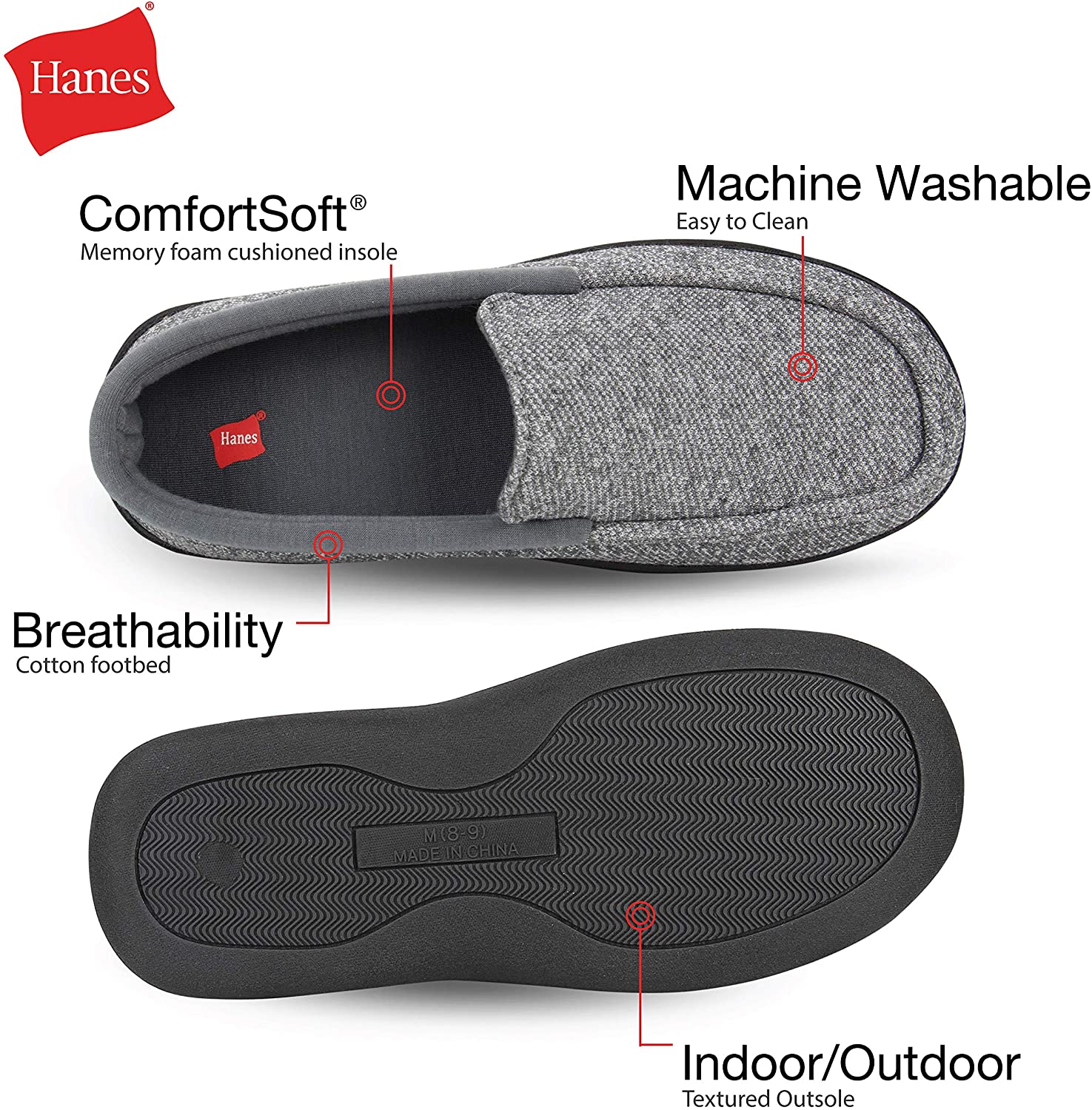 Hanes Men's ComfortSoft Memory Foam Knit Venetian Moccasin Indoor/Outdoor Slipper