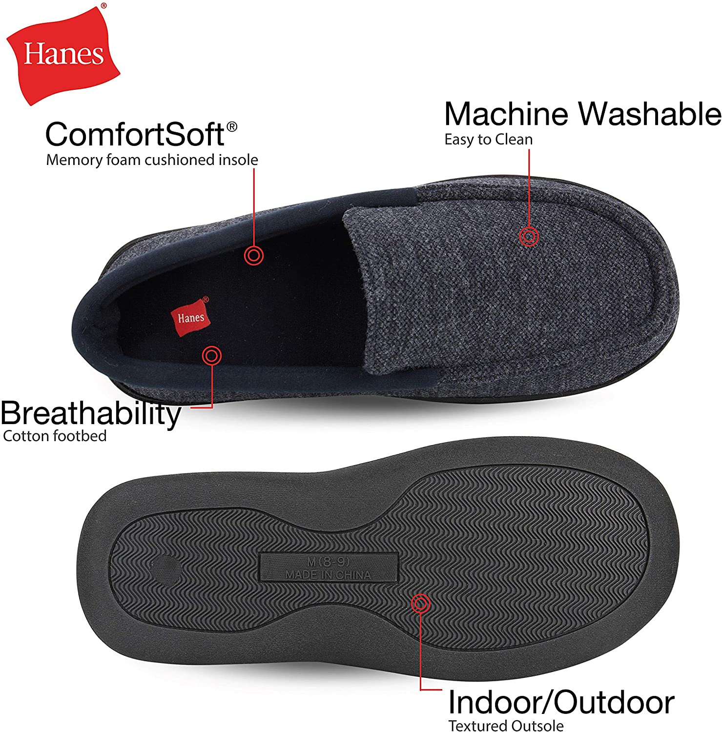 Hanes Men's ComfortSoft Memory Foam Knit Venetian Moccasin Indoor/Outdoor Slipper