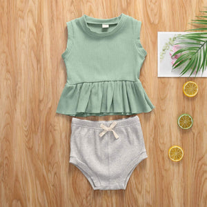 Newborn Baby Boys Girls Summer Outfits Infant Ribbed Knitted Cotton Short Sleeve T-Shirt + Shorts Two Piece Clothes Set