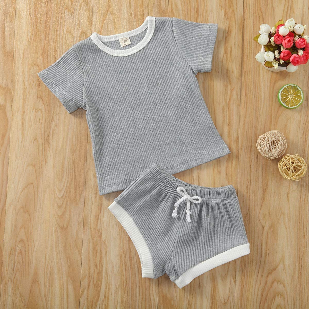 Newborn Baby Boys Girls Summer Outfits Infant Ribbed Knitted Cotton Short Sleeve T-Shirt + Shorts Two Piece Clothes Set