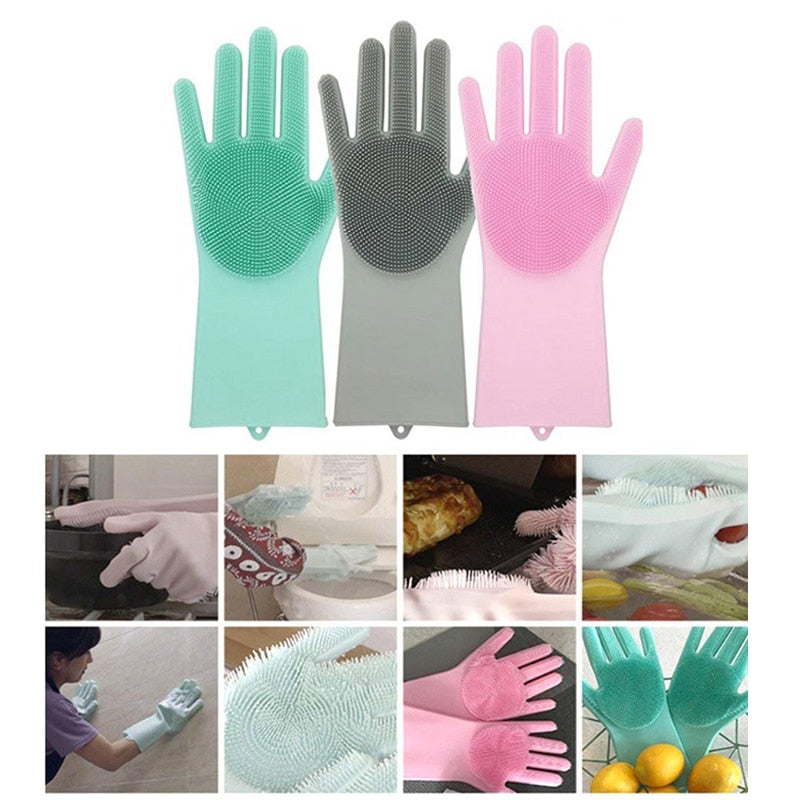 A Pair Magic Silicone Scrubber Rubber Cleaning Gloves Dusting|Dish Washing|Pet Care Grooming Hair Car|Insulated Kitchen Helper