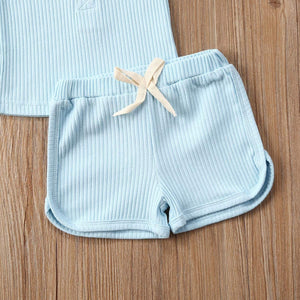 Newborn Baby Boys Girls Summer Outfits Infant Ribbed Knitted Cotton Short Sleeve T-Shirt + Shorts Two Piece Clothes Set