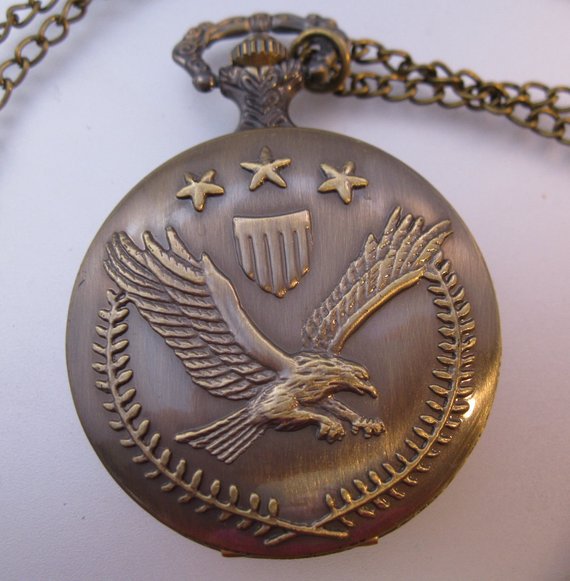 Eagle & Stars Pocket Watch w/Your Choice of Chain Costume Jewelry Gift for Him Gift for Her Gift for Serviceman Gift for Dad Gift for Son