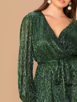 Load image into Gallery viewer,  Plus Lantern Sleeve Surplice Neck Belted Metallic Dress
