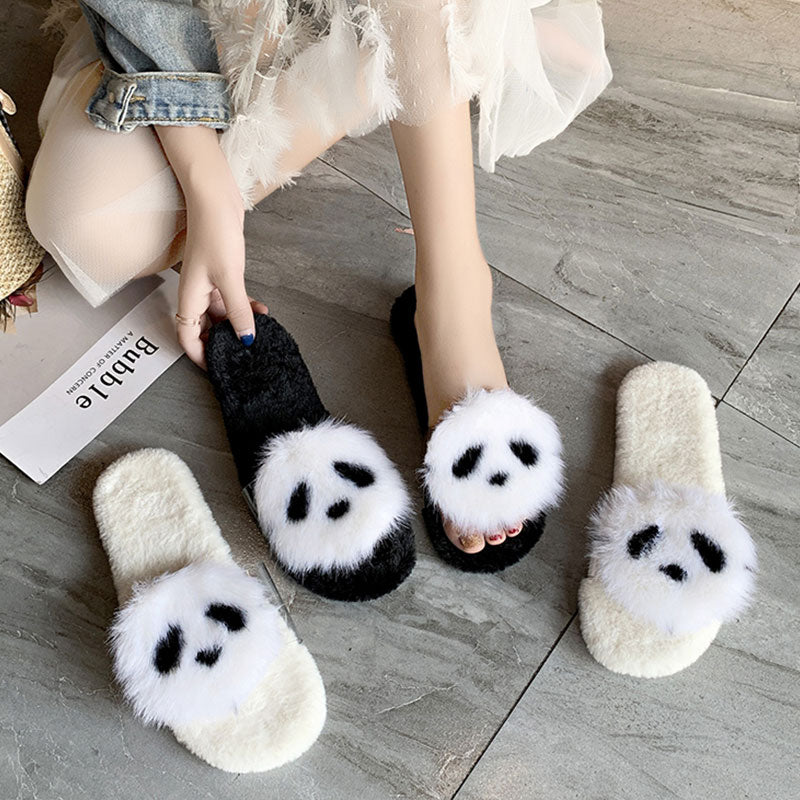 Fur Slippers Women Cartoon panda Fur Slides Home Furry Flat Sandals Female Cute Fluffy House Shoes Woman Brand Luxury 2019