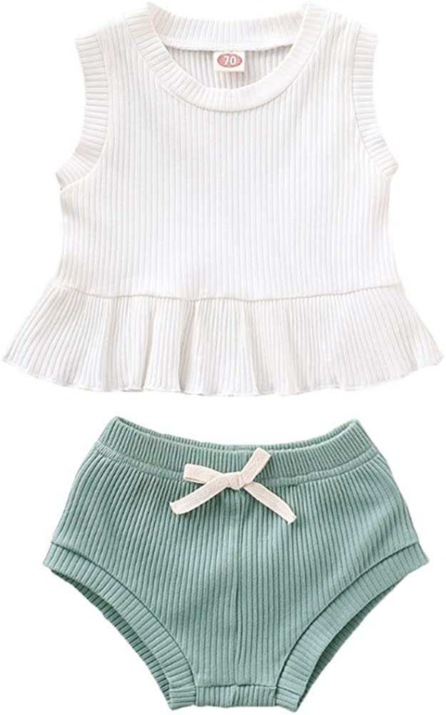 Newborn Baby Boys Girls Summer Outfits Infant Ribbed Knitted Cotton Short Sleeve T-Shirt + Shorts Two Piece Clothes Set