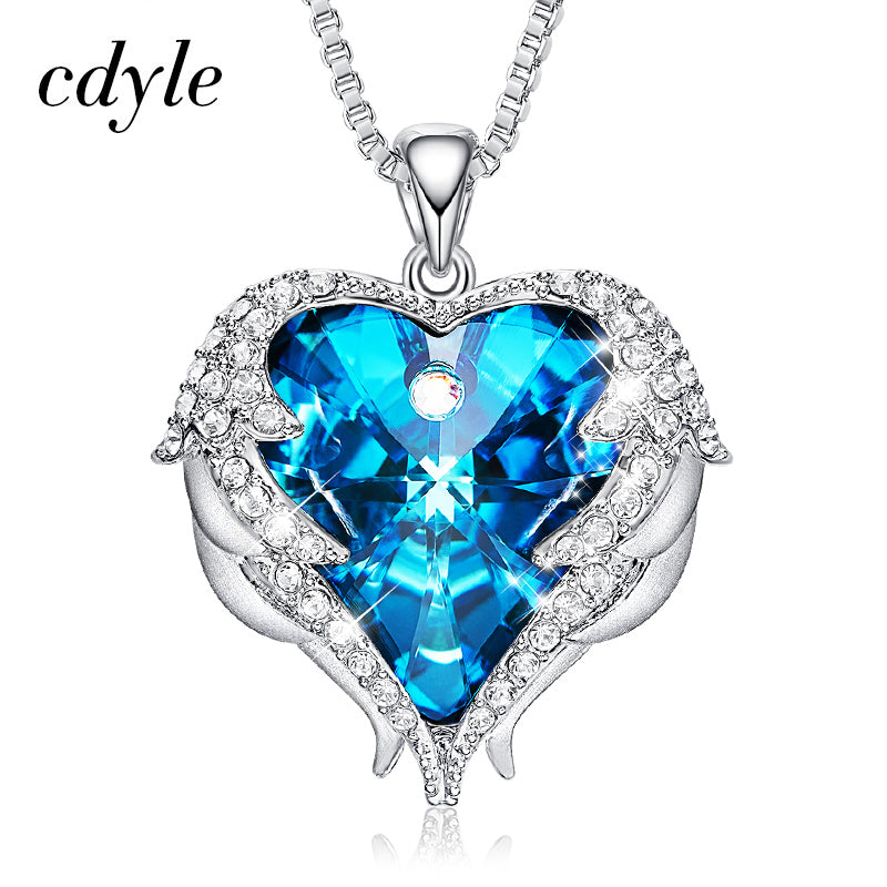 Cdyle Fashion Women Copper Material Necklace with Colorful Crystal Angel Wings Heart Pendant Necklace Birthday Party Gift