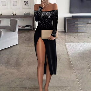 Autumn Women Sexy Rhinestone Strapless Long Sleeve Bright Slim Split Skirt Dress Party Bare Legged Dinner Dress Diamond| |