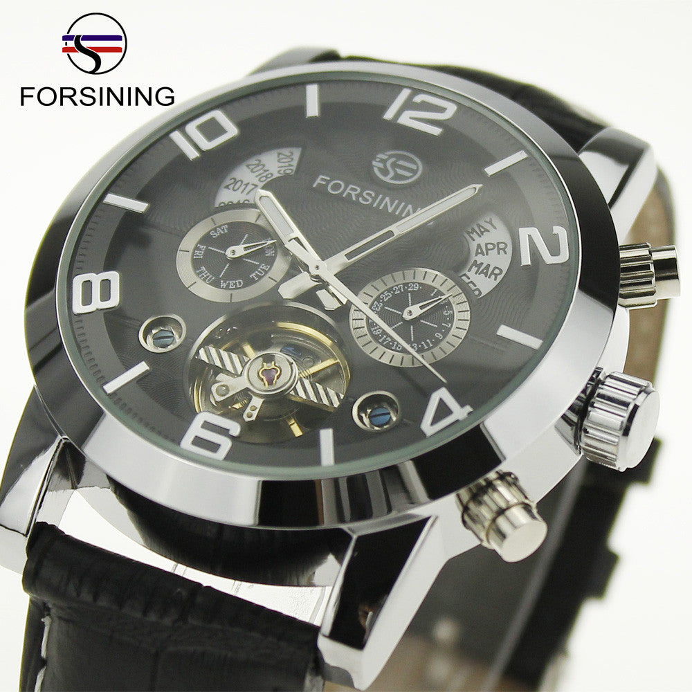 Forsining Auto Mechanical Watch Tourbillon Stainless Steel Case Leather Strap Black Dial Date Year Month Display Men Wristwatch