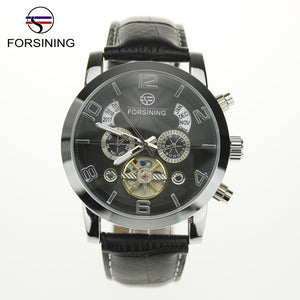 Forsining Auto Mechanical Watch Tourbillon Stainless Steel Case Leather Strap Black Dial Date Year Month Display Men Wristwatch