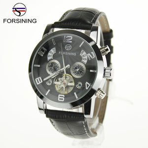 Forsining Auto Mechanical Watch Tourbillon Stainless Steel Case Leather Strap Black Dial Date Year Month Display Men Wristwatch