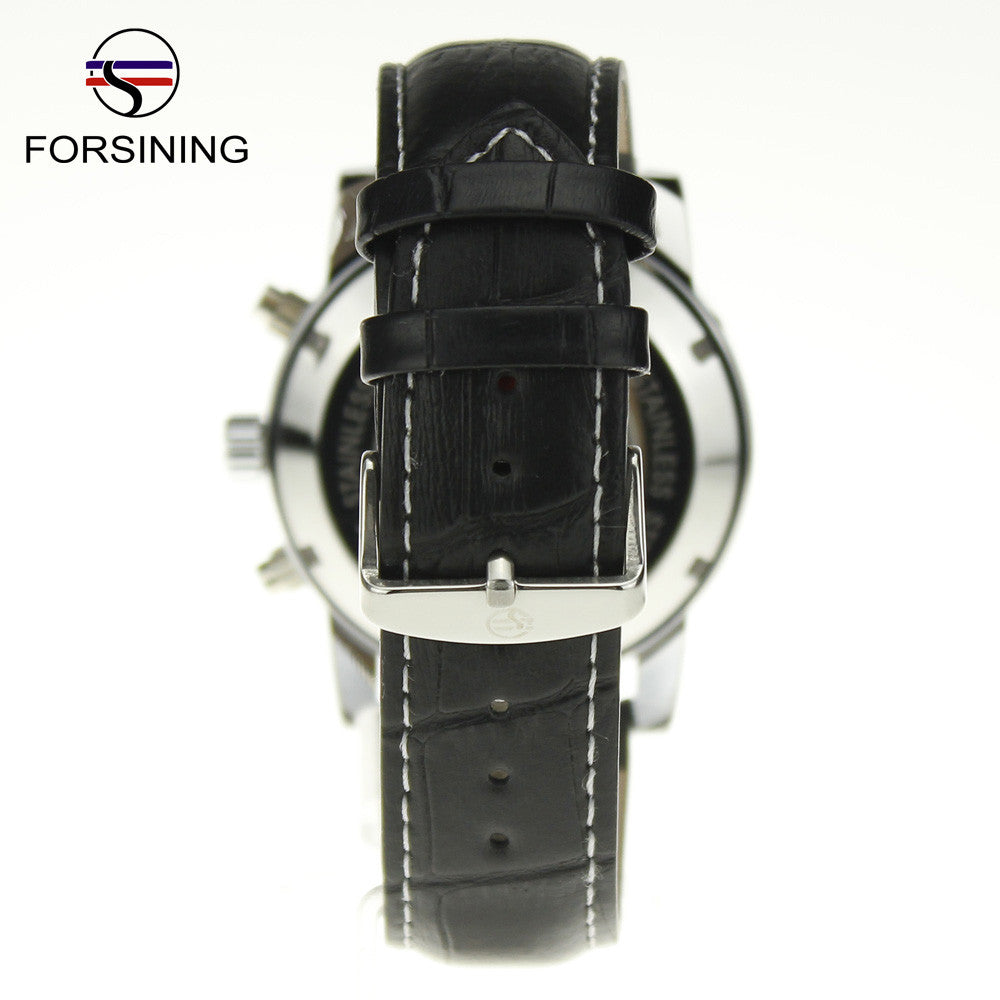 Forsining Auto Mechanical Watch Tourbillon Stainless Steel Case Leather Strap Black Dial Date Year Month Display Men Wristwatch