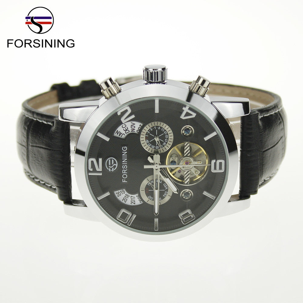 Forsining Auto Mechanical Watch Tourbillon Stainless Steel Case Leather Strap Black Dial Date Year Month Display Men Wristwatch