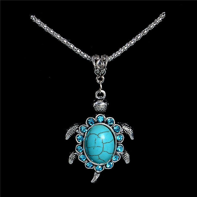 Free Shipping 1PC Women Jewelry Turquoise Rhinestone Turtle Tortoise Shaped Pendants Retro Necklaces Sweater chain