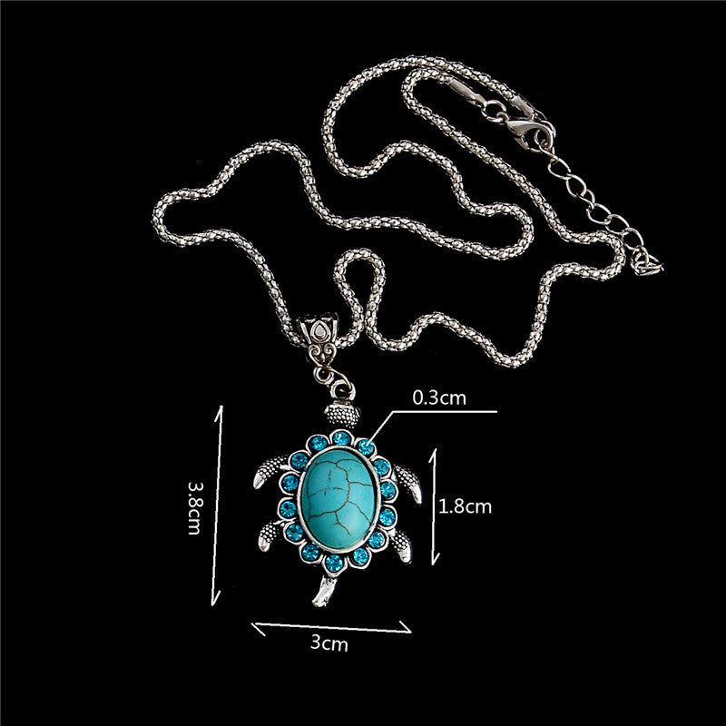 Free Shipping 1PC Women Jewelry Turquoise Rhinestone Turtle Tortoise Shaped Pendants Retro Necklaces Sweater chain