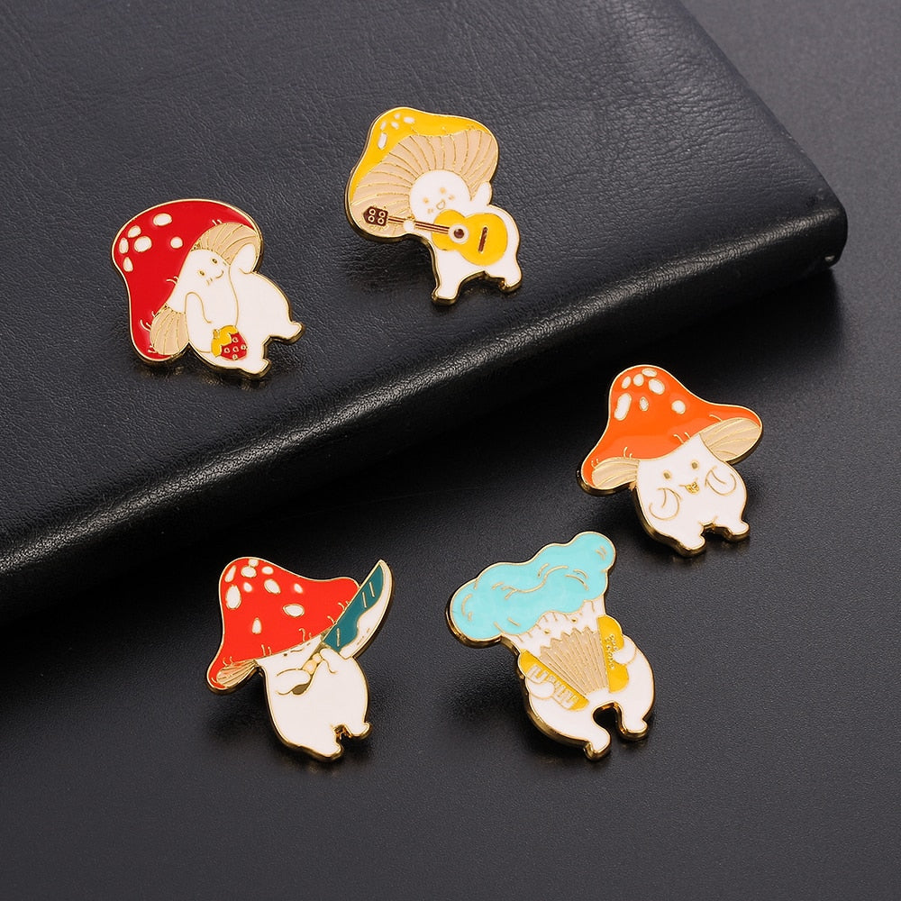 Funny Mushroom Enamel Pin Cute Custom Guitar Accordion Brooches Bag Plant Jewelry Gift for Kids Friends Accessories| |