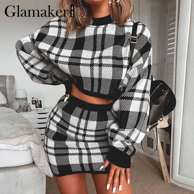 Glamaker Plaid knitted crop sexy autumn Dress women long sleeve winter sweater dress Sexy female fashion party mini dress 2020|Dresses