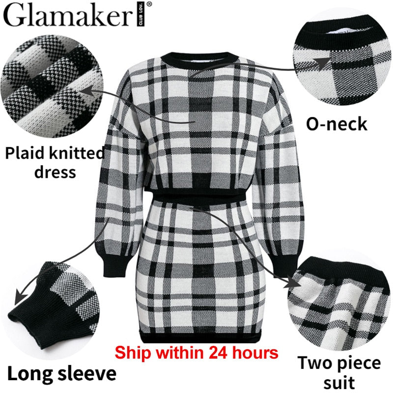 Glamaker Plaid knitted crop sexy autumn Dress women long sleeve winter sweater dress Sexy female fashion party mini dress 2020|Dresses