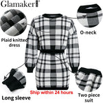 Load image into Gallery viewer, Glamaker Plaid knitted crop sexy autumn Dress women long sleeve winter sweater dress Sexy female fashion party mini dress 2020|Dresses
