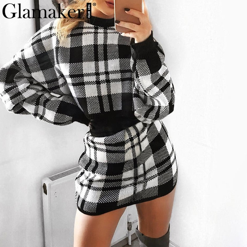 Glamaker Plaid knitted crop sexy autumn Dress women long sleeve winter sweater dress Sexy female fashion party mini dress 2020|Dresses