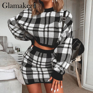 Glamaker Plaid knitted crop sexy autumn Dress women long sleeve winter sweater dress Sexy female fashion party mini dress 2020|Dresses