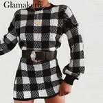 Load image into Gallery viewer, Glamaker Plaid knitted crop sexy autumn Dress women long sleeve winter sweater dress Sexy female fashion party mini dress 2020|Dresses
