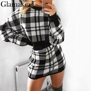 Glamaker Plaid knitted crop sexy autumn Dress women long sleeve winter sweater dress Sexy female fashion party mini dress 2020|Dresses - Free + Shipping