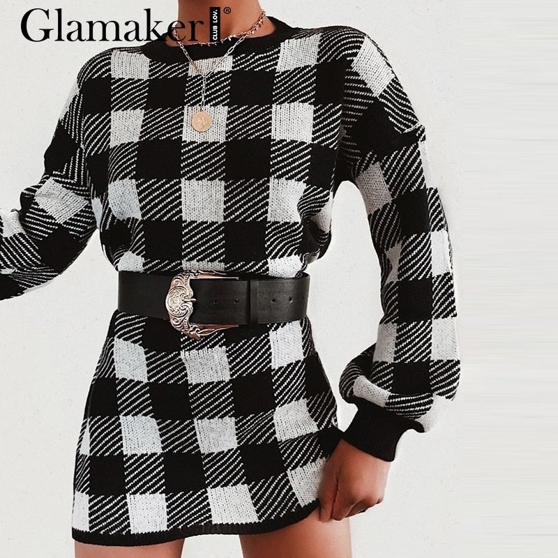 Glamaker Plaid knitted crop sexy autumn Dress women long sleeve winter sweater dress Sexy female fashion party mini dress 2020|Dresses - Free + Shipping