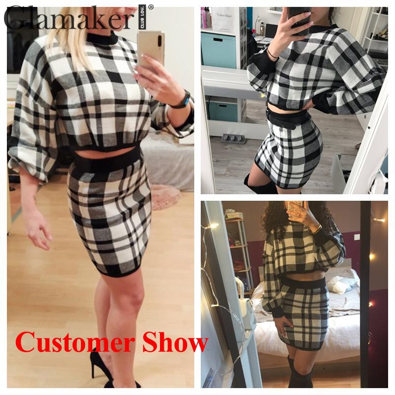 Glamaker Plaid knitted crop sexy autumn Dress women long sleeve winter sweater dress Sexy female fashion party mini dress 2020|Dresses