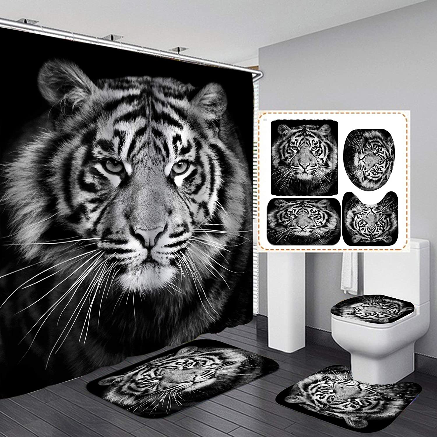 Leopard Lion Tiger Shower Curtain Fabric Polyester Waterproof Bath Curtain and Rug Set