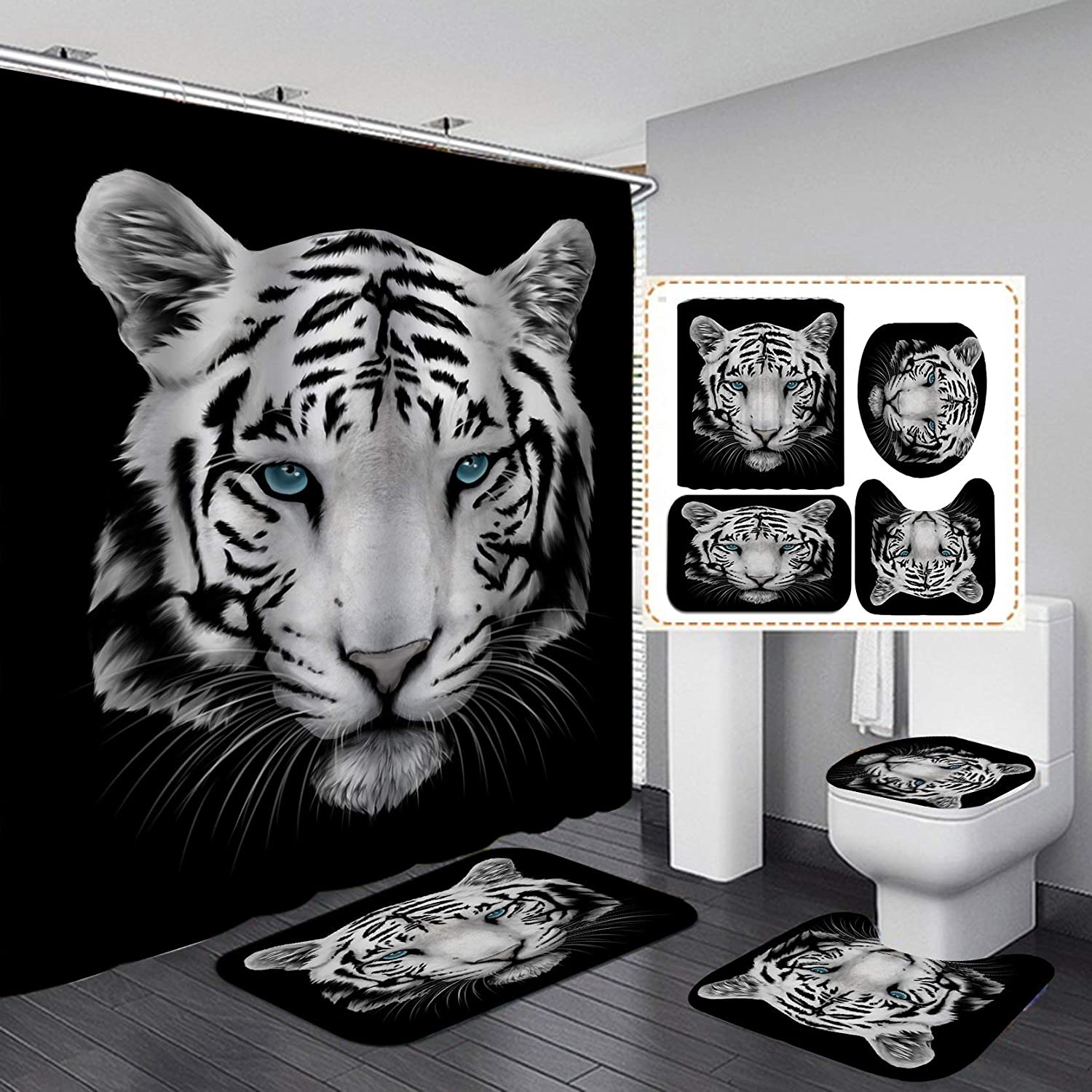 Leopard Lion Tiger Shower Curtain Fabric Polyester Waterproof Bath Curtain and Rug Set