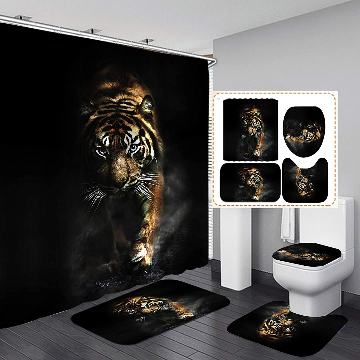 Leopard Lion Tiger Shower Curtain Fabric Polyester Waterproof Bath Curtain and Rug Set