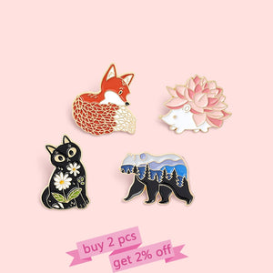 Forest Garden Enamel Pin Custom Fox Cat Bear Hedgehog Brooches Bag Lapel Pin Cartoon Animal Badge Jewelry Gift for Kids Friends