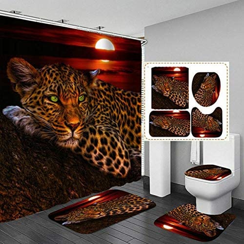 Leopard Lion Tiger Shower Curtain Fabric Polyester Waterproof Bath Curtain and Rug Set