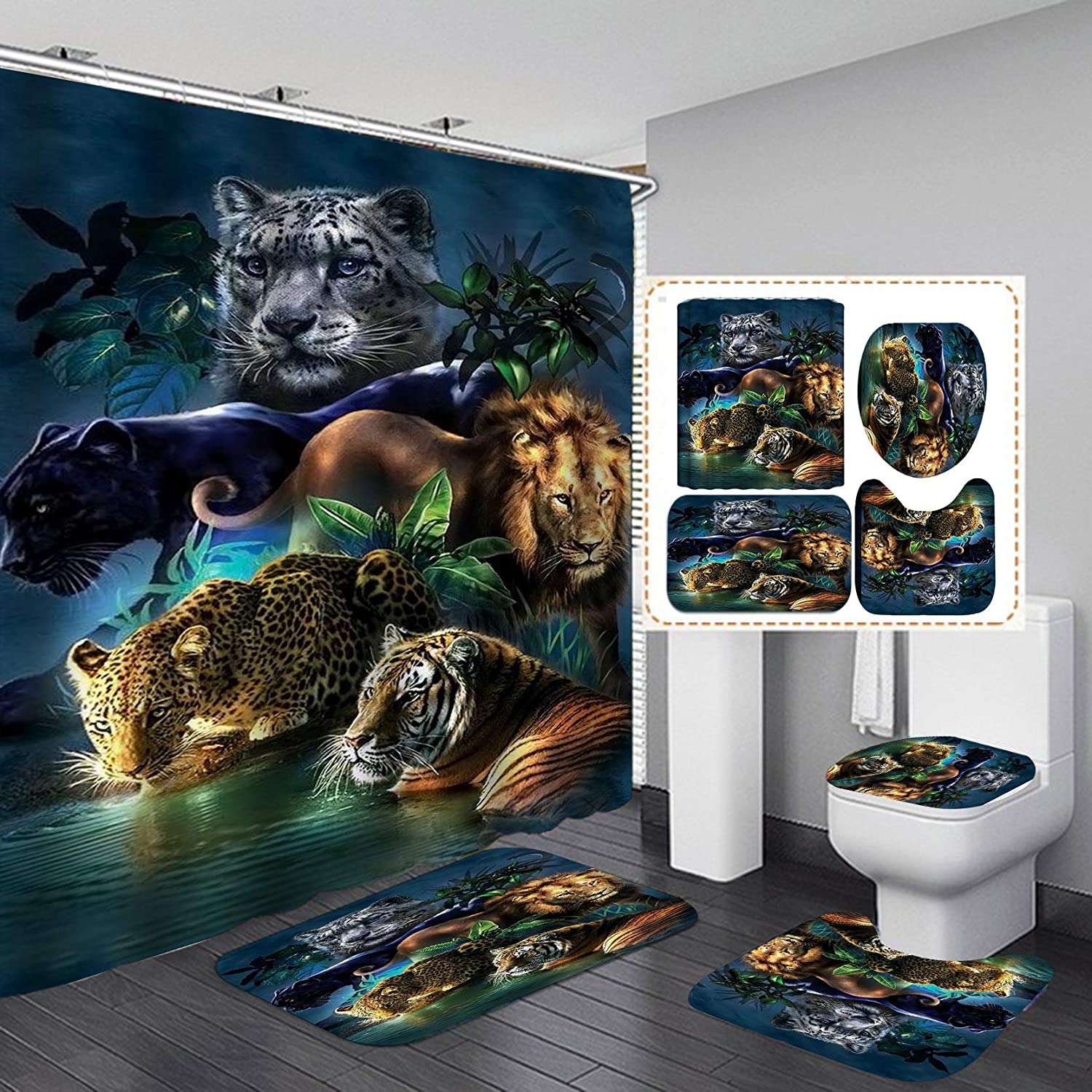 Leopard Lion Tiger Shower Curtain Fabric Polyester Waterproof Bath Curtain and Rug Set