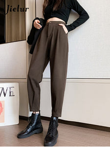 Jielur Autumn Winter Women Pants Casual Loose High Waist Harem Pants Female Solid Woolen Black Brown Trousers Thin Legs - Pants &amp; Capris