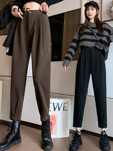 Jielur Autumn Winter Women Pants Casual Loose High Waist Harem Pants Female Solid Woolen Black Brown Trousers Thin Legs - Pants &amp; Capris