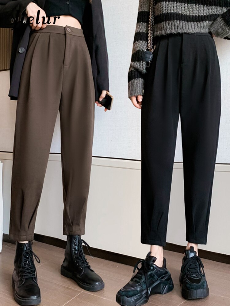 Jielur Autumn Winter Women Pants Casual Loose High Waist Harem Pants Female Solid Woolen Black Brown Trousers Thin Legs - Pants &amp; Capris