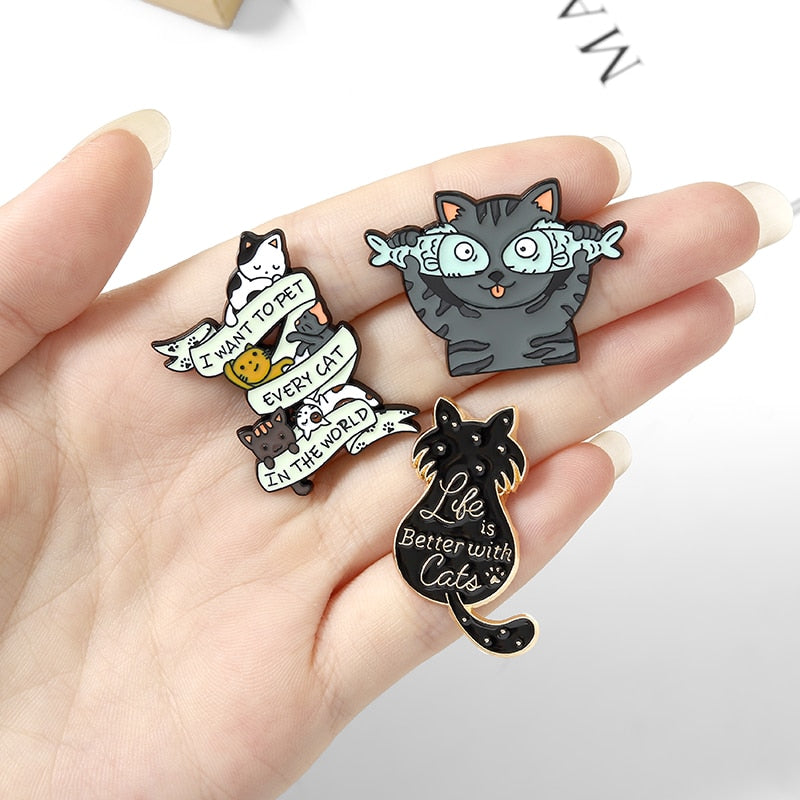 Life Is Better With Cats Enamel Pin Custom Cat Fish Coffee Brooches Shirt Lapel Bag Cute Animal Badge Jewelry Gift For Kids - Brooches