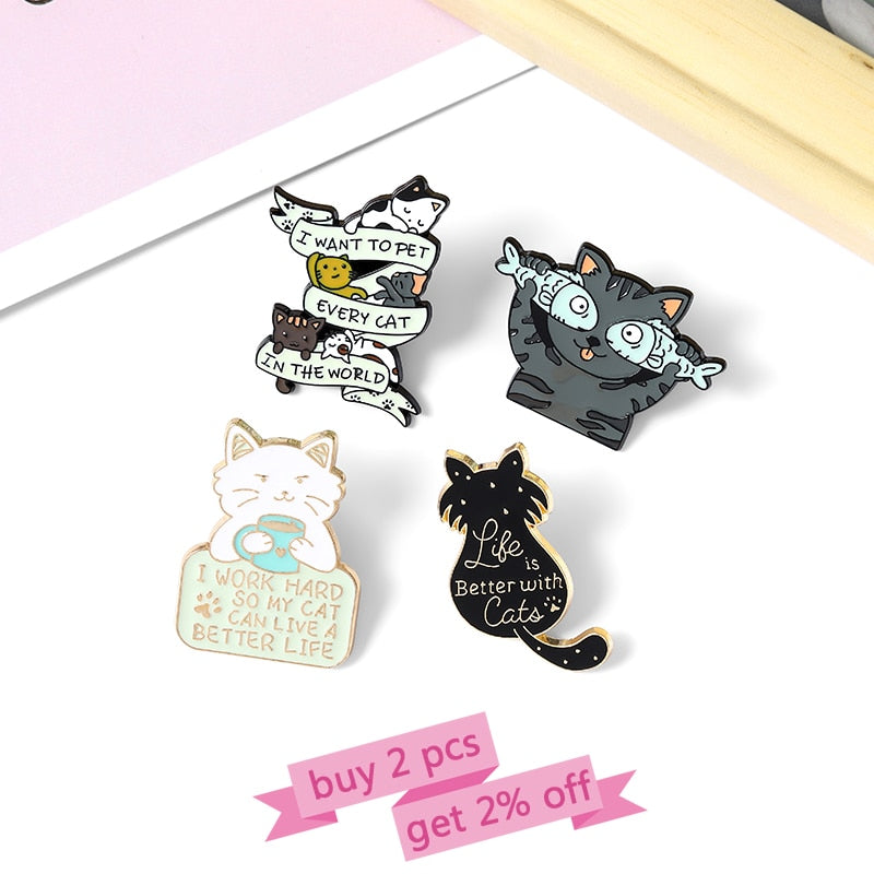 Life Is Better With Cats Enamel Pin Custom Cat Fish Coffee Brooches Shirt Lapel Bag Cute Animal Badge Jewelry Gift For Kids - Brooches