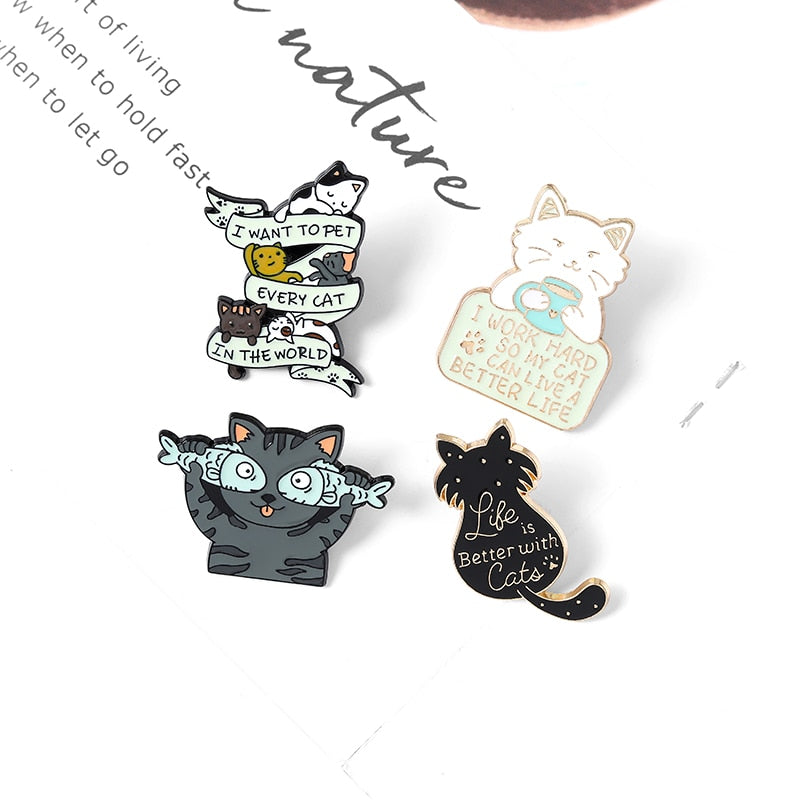 Life Is Better With Cats Enamel Pin Custom Cat Fish Coffee Brooches Shirt Lapel Bag Cute Animal Badge Jewelry Gift For Kids - Brooches