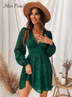 Load image into Gallery viewer, MISS PETAL Plunge A-Line Mini Dress Woman Green Sexy Long Sleeve Party Dress 2022 Spring Autumn Female Sundress
