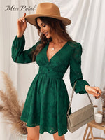 Load image into Gallery viewer, MISS PETAL Plunge A-Line Mini Dress Woman Green Sexy Long Sleeve Party Dress 2022 Spring Autumn Female Sundress
